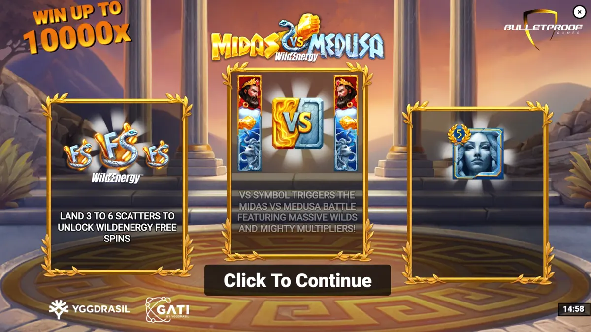 Midas VS Medusa WildEnergy স্লট গেমের একটি দৃশ্য যেখানে রাজা মিদাস এবং মেডুসার লড়াই দেখানো হচ্ছে